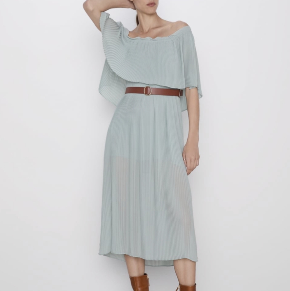 Zara Sea Green Off Shoulder Pleated Midi Dress